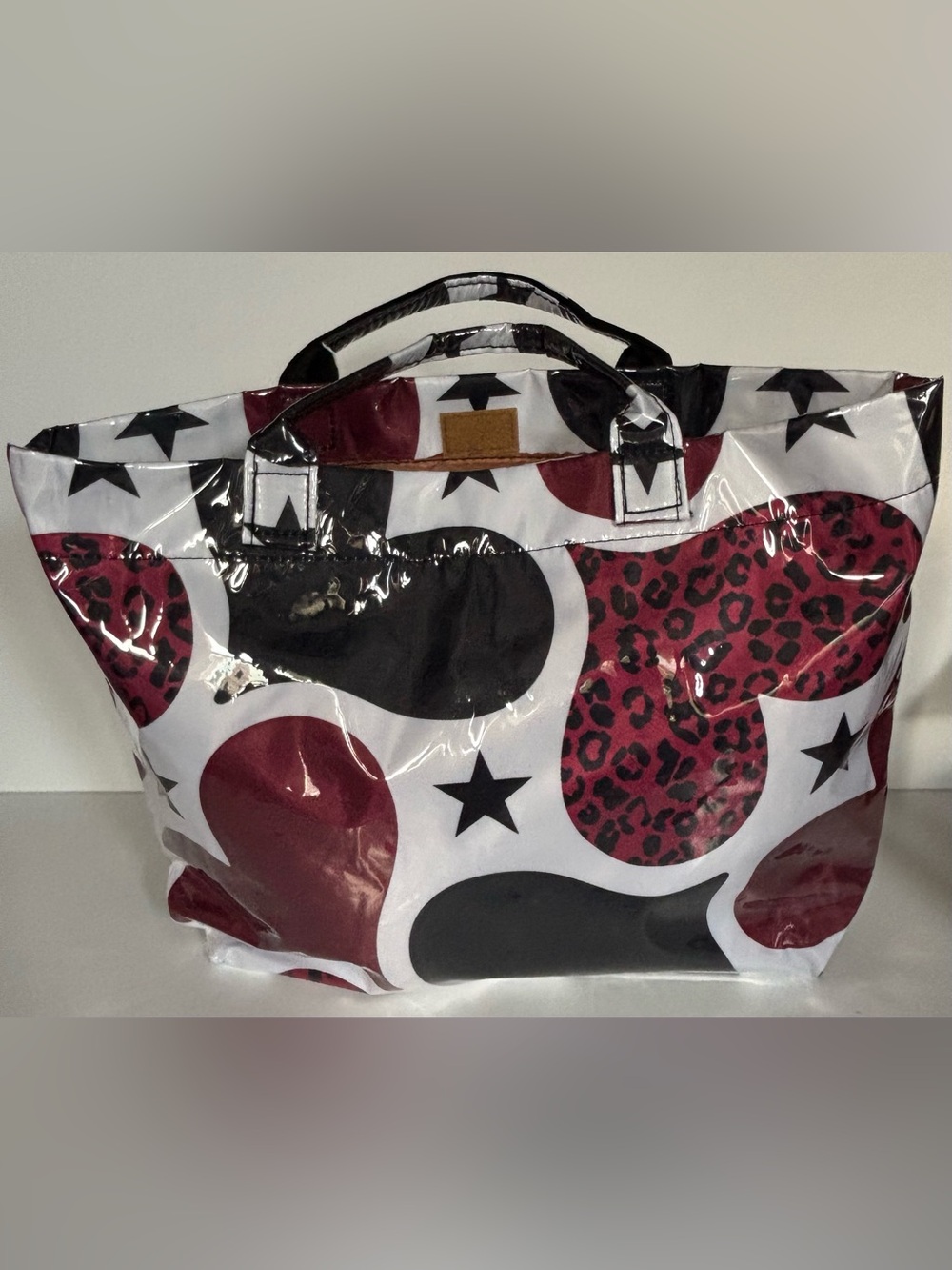 Red Black Leopard Star Print Tote Bag Glossy Coated Shoulder Bag